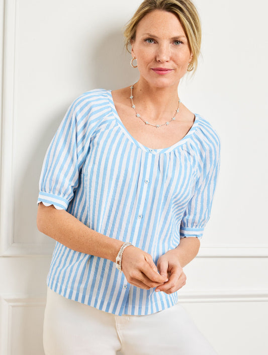 METALLIC BUTTON FRONT TOP - DELIGHTFUL STRIPE | Talbots