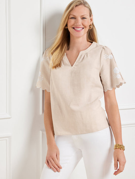 EMBROIDERED LINEN COTTON TOP | Talbots
