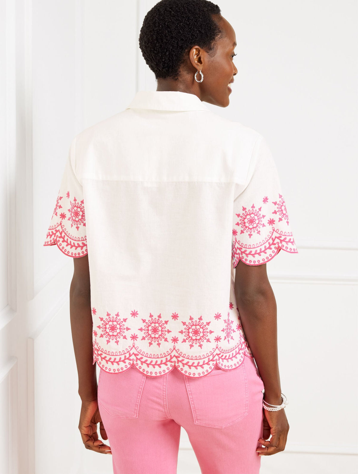 EMBROIDERED LINEN COTTON SHORT SHIRT - SCALLOP MEDALLION | Talbots
