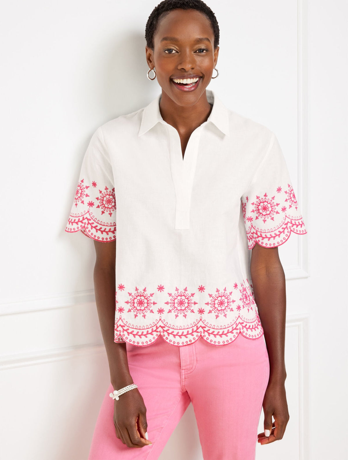 EMBROIDERED LINEN COTTON SHORT SHIRT - SCALLOP MEDALLION | Talbots