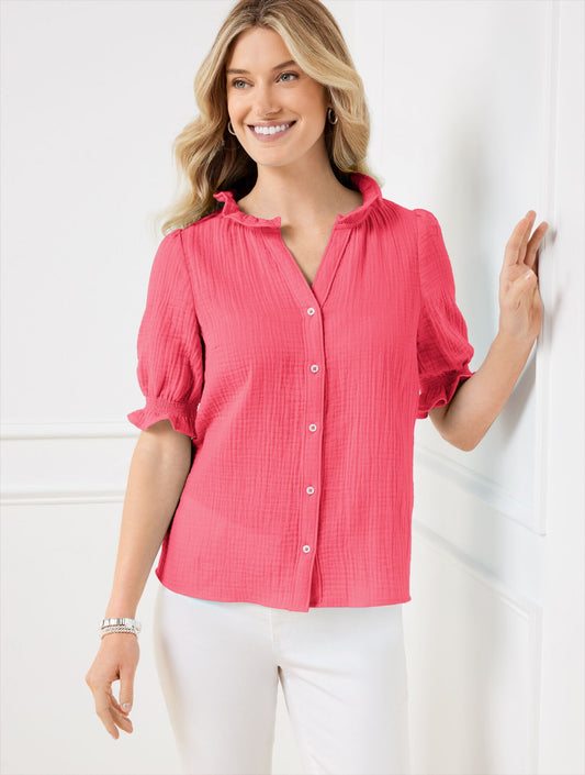 SMOCKED GAUZE TOP | Talbots