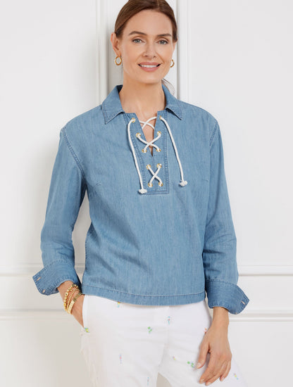 LACE UP DENIM TOP - AMALFI WASH | Talbots