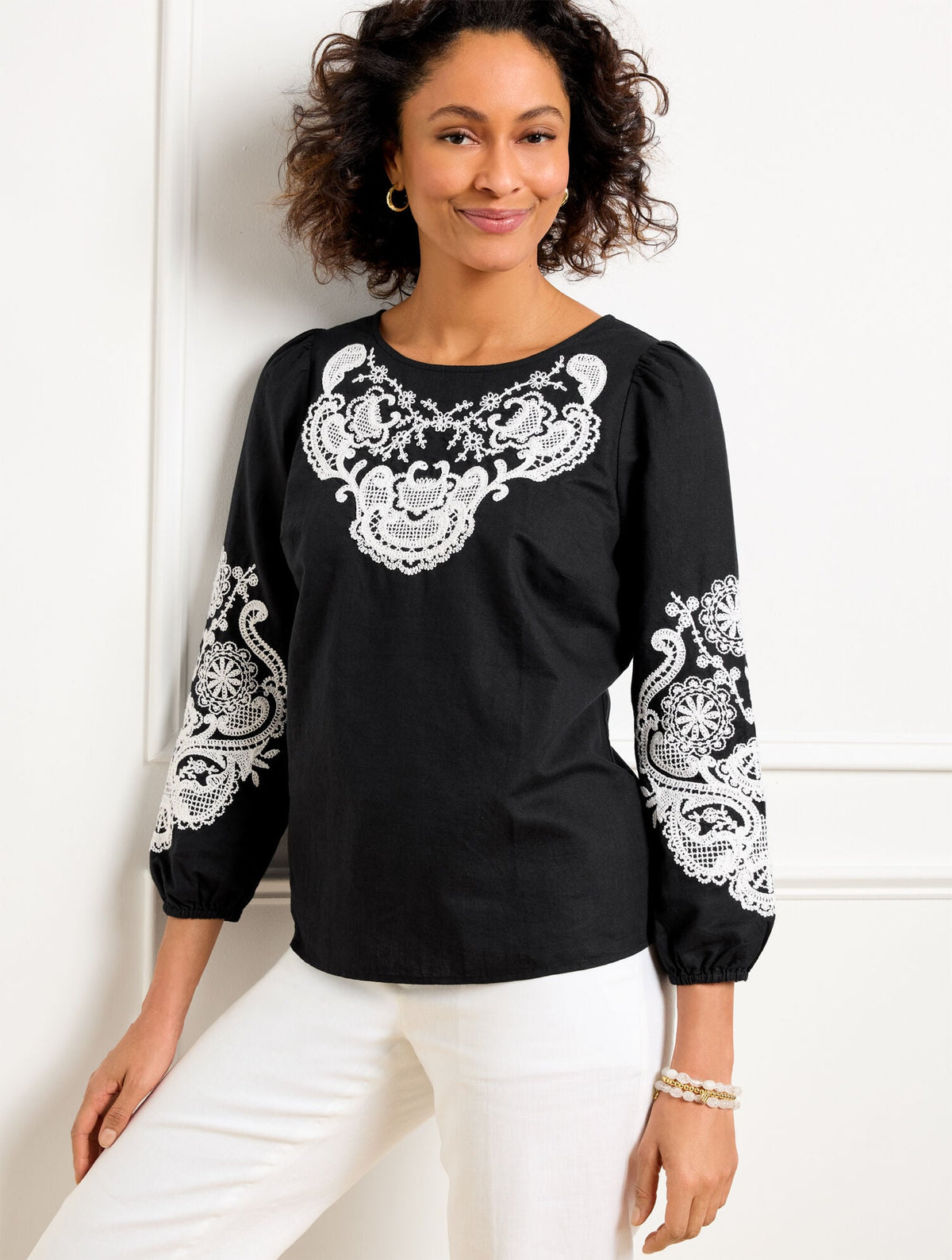 EMBROIDERED LINEN COTTON TOP | Talbots