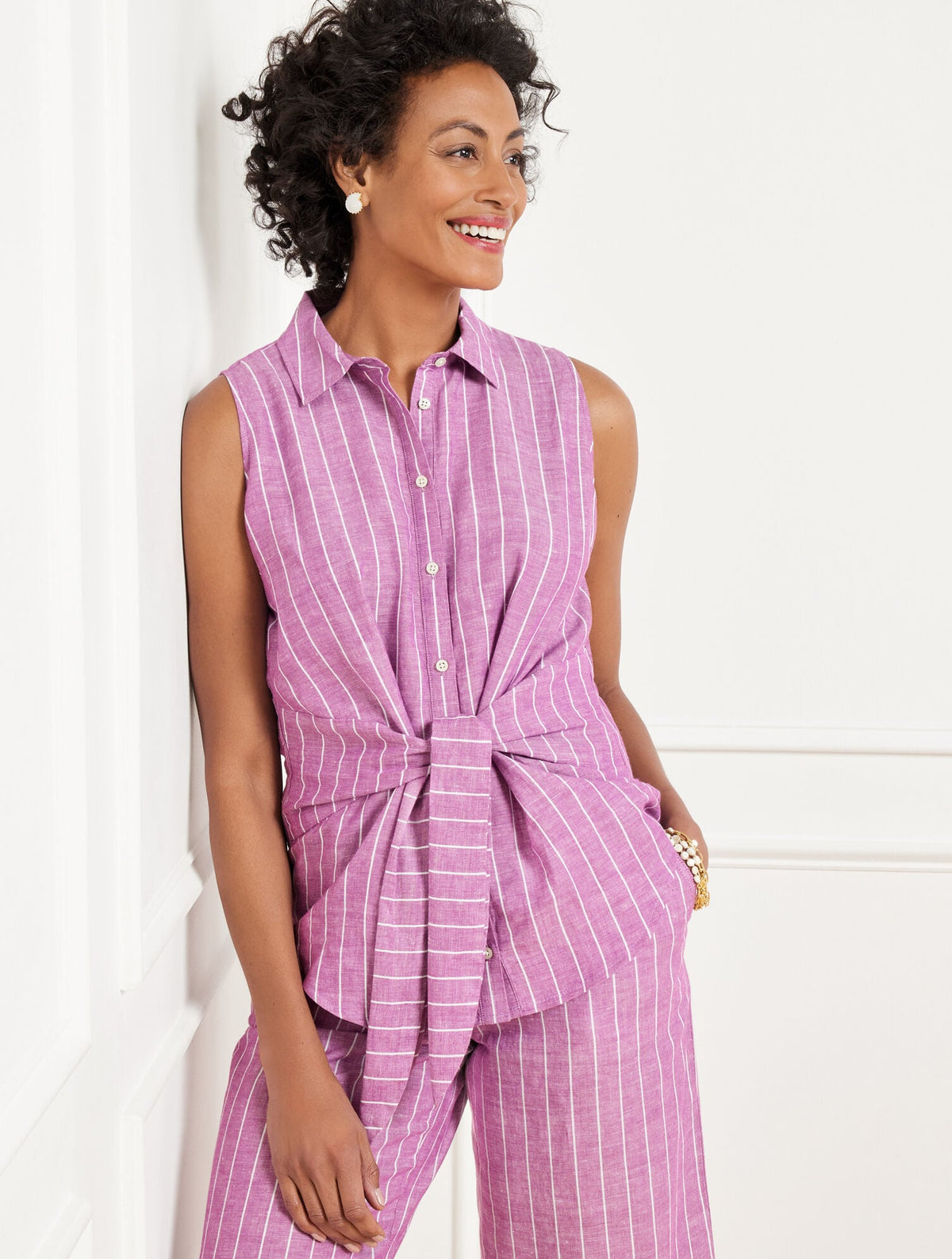 TIE FRONT LINEN SHELL - RIVIERA STRIPE | Talbots