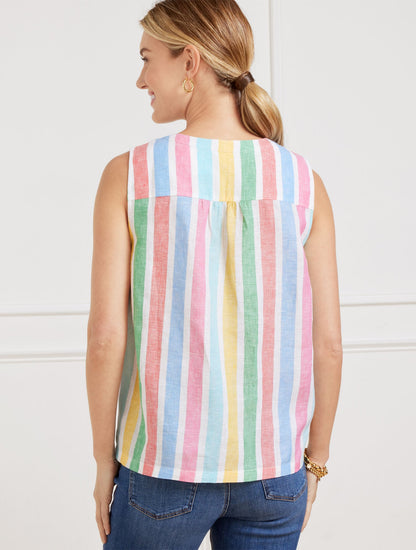 LINEN BAND COLLAR SHELL - PRISMATIC STRIPE | Talbots