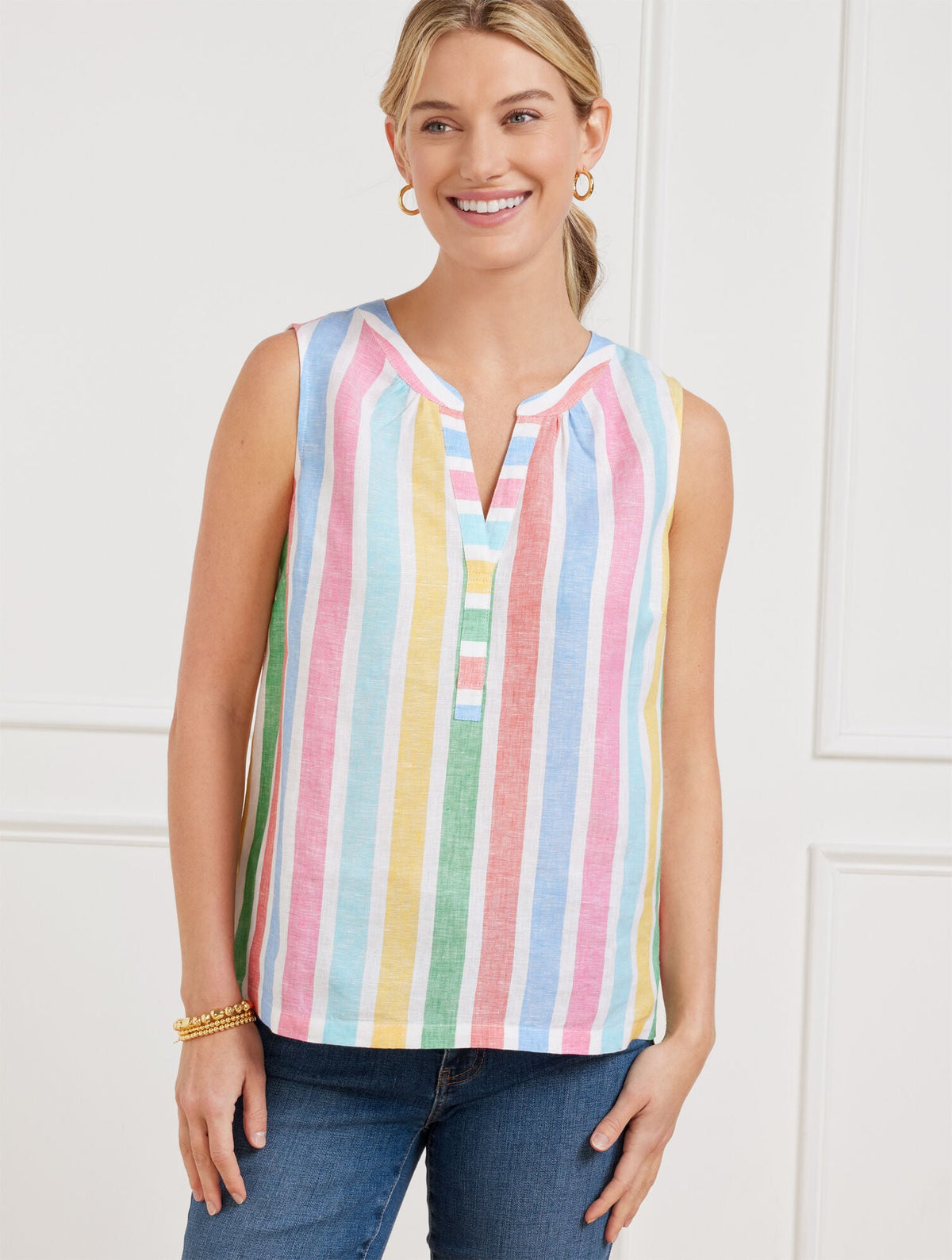 LINEN BAND COLLAR SHELL - PRISMATIC STRIPE | Talbots