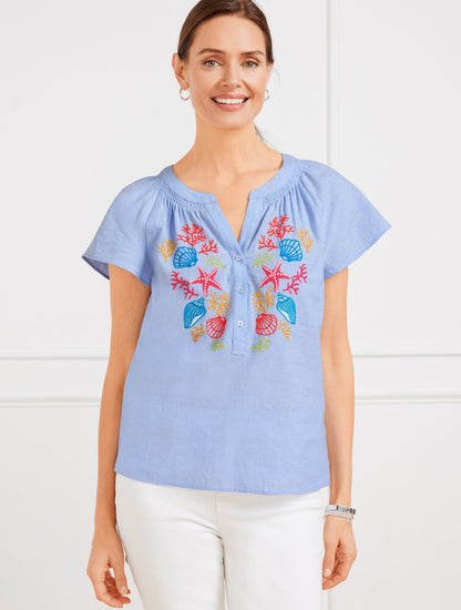 LINEN COTTON TOP - EMBROIDERED SEASHELL | Talbots