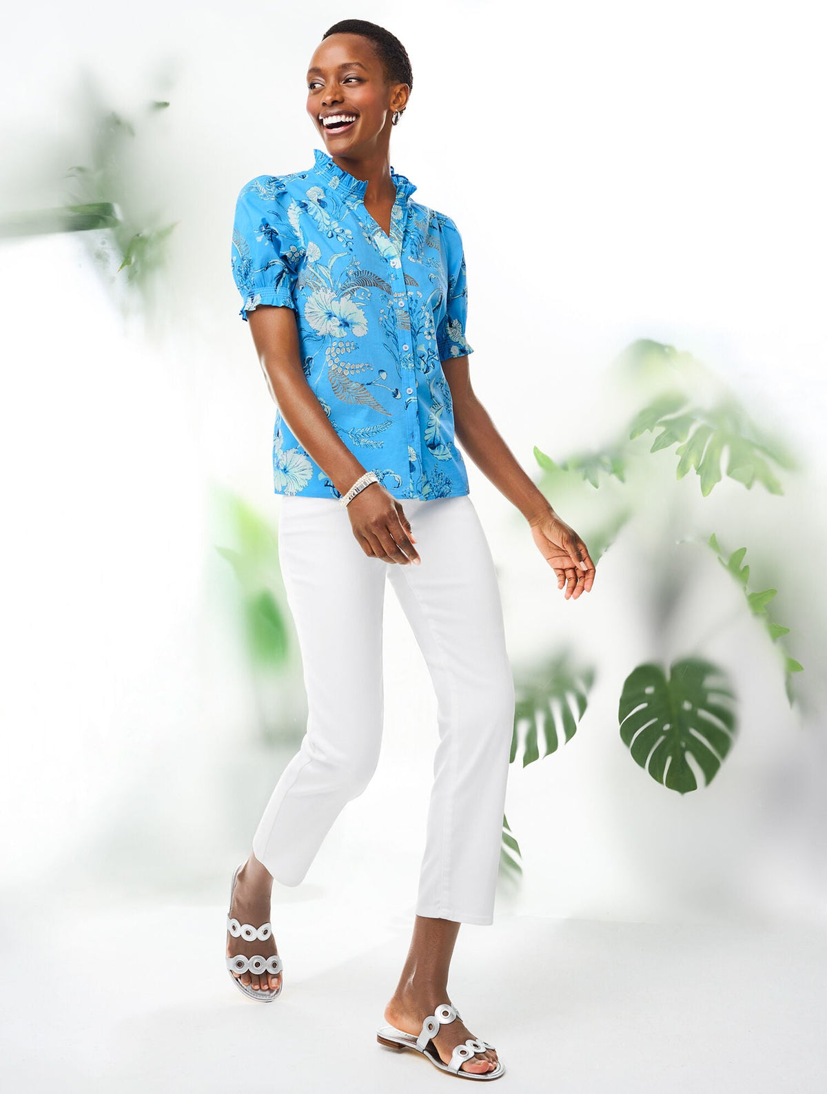 SMOCKED SLEEVE TOP - LEAFY GARDEN | Talbots