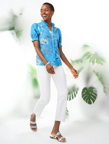 SMOCKED SLEEVE TOP - LEAFY GARDEN | Talbots