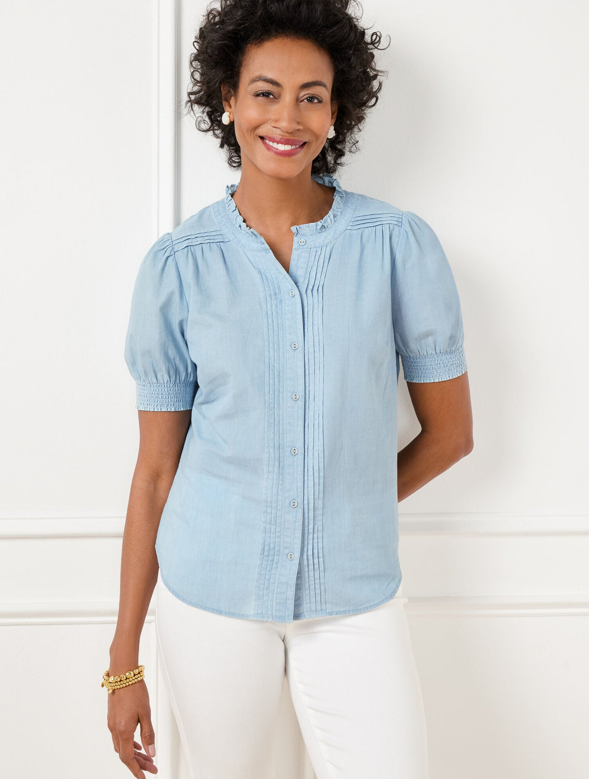 STITCH PLEAT CHAMBRAY TOP | Talbots