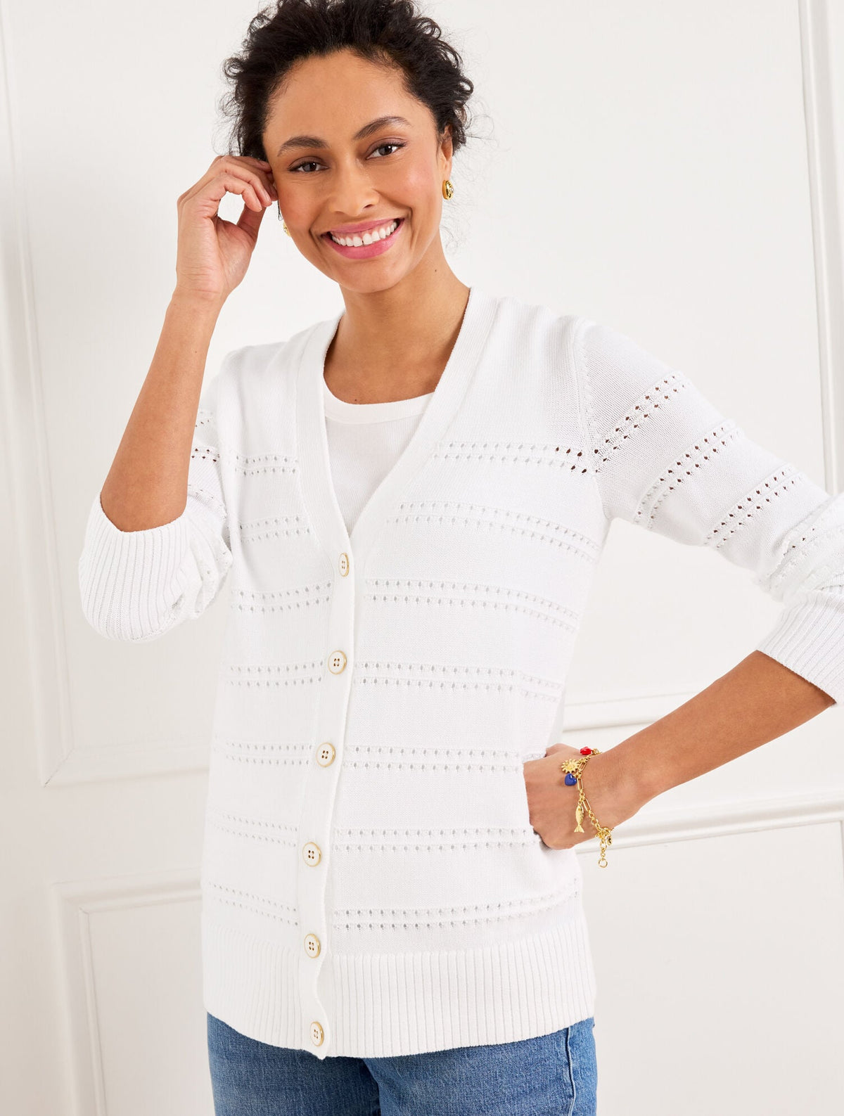 V-NECK POINTELLE GIRLFRIEND CARDIGAN | Talbots