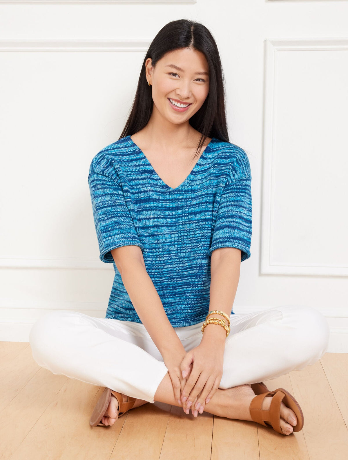 ELBOW SLEEVE V-NECK PULLOVER - SPACE DYE | Talbots