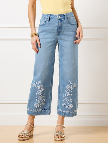 HIGH WAIST WIDE CROP EMBROIDERED JEANS - LACEY WASH | Talbots