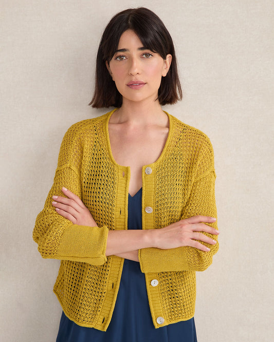 ORGANIC COTTON LINEN OPEN STITCH CARDIGAN | Talbots