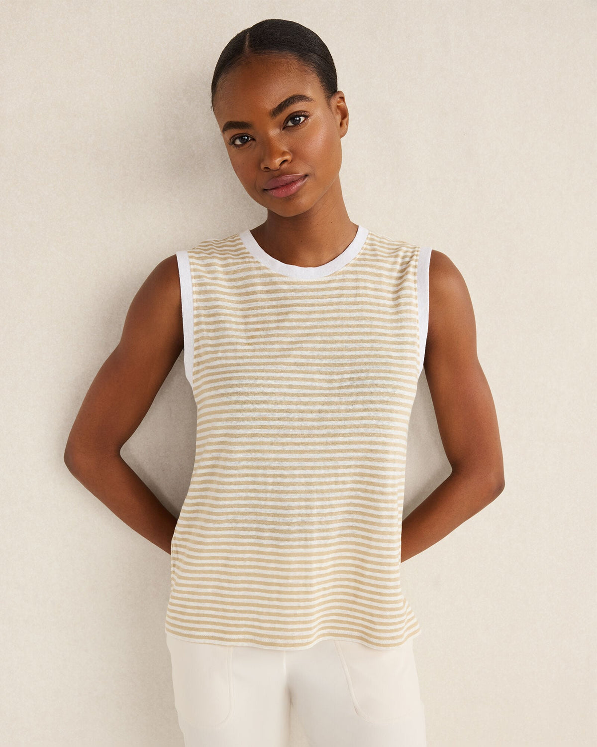 LINEN STRIPE CREWNECK TANK | Talbots