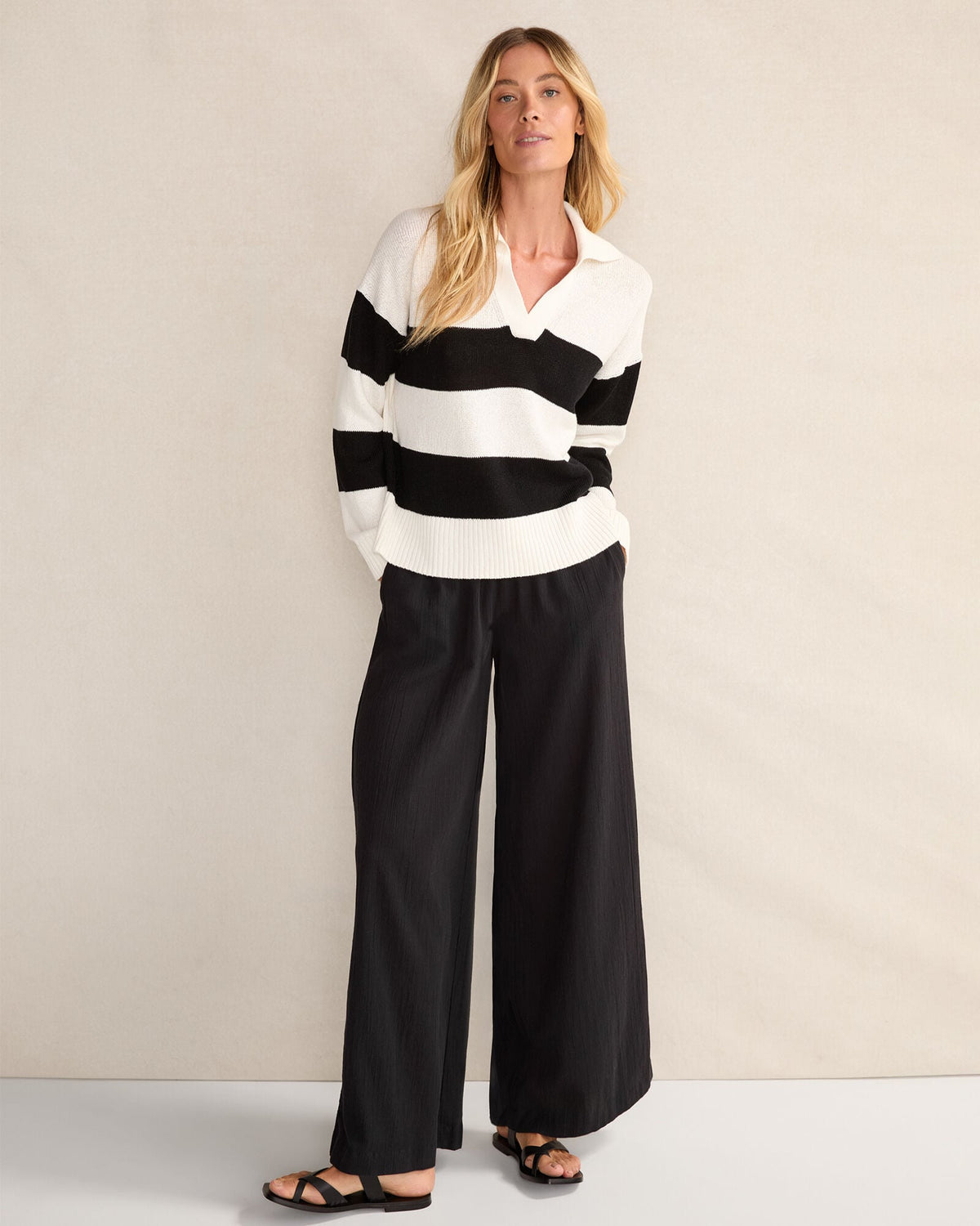 ORGANIC COTTON LINEN STRIPE JOHNNY COLLAR SWEATER | Talbots