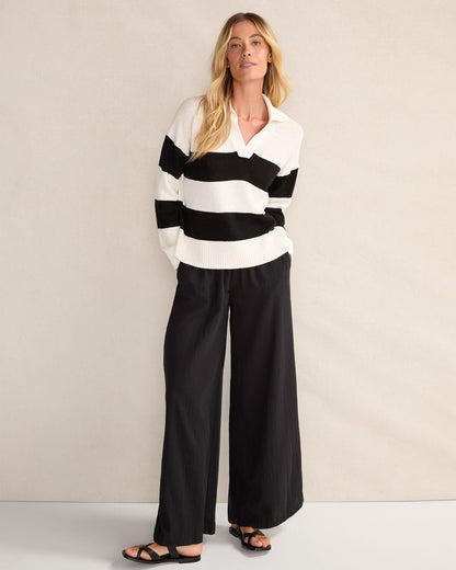 ORGANIC COTTON LINEN STRIPE JOHNNY COLLAR SWEATER | Talbots