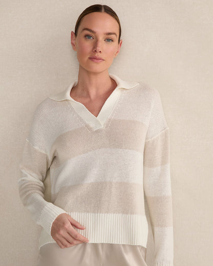 ORGANIC COTTON LINEN STRIPE JOHNNY COLLAR SWEATER | Talbots
