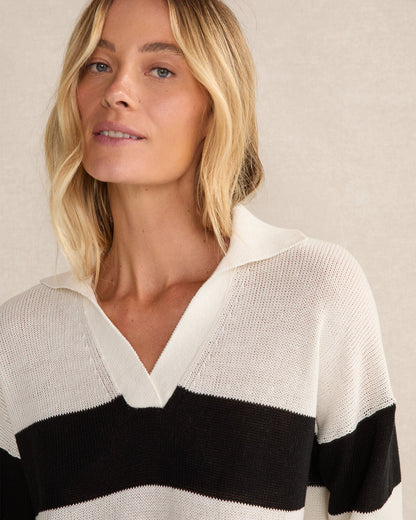 ORGANIC COTTON LINEN STRIPE JOHNNY COLLAR SWEATER | Talbots