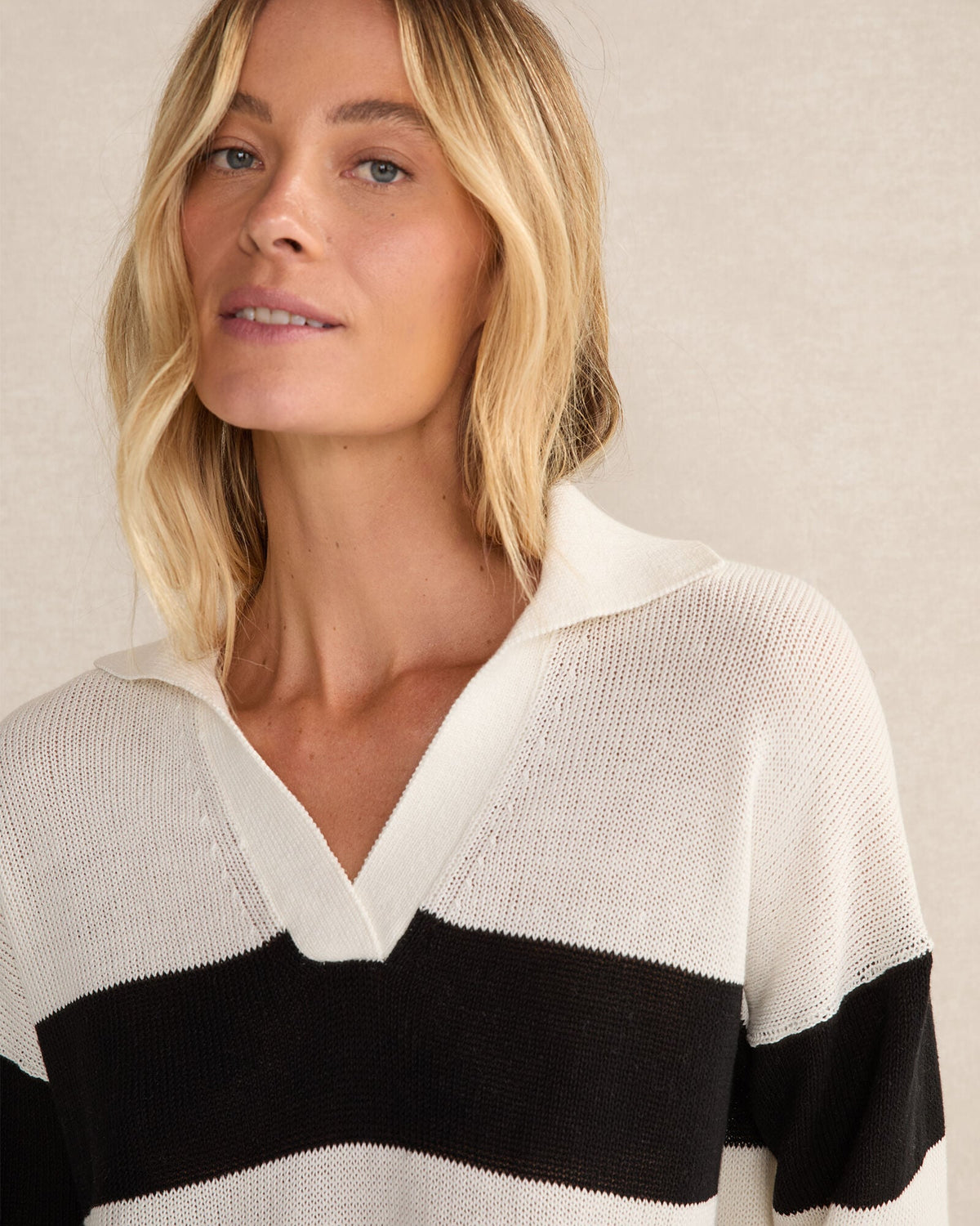 ORGANIC COTTON LINEN STRIPE JOHNNY COLLAR SWEATER | Talbots
