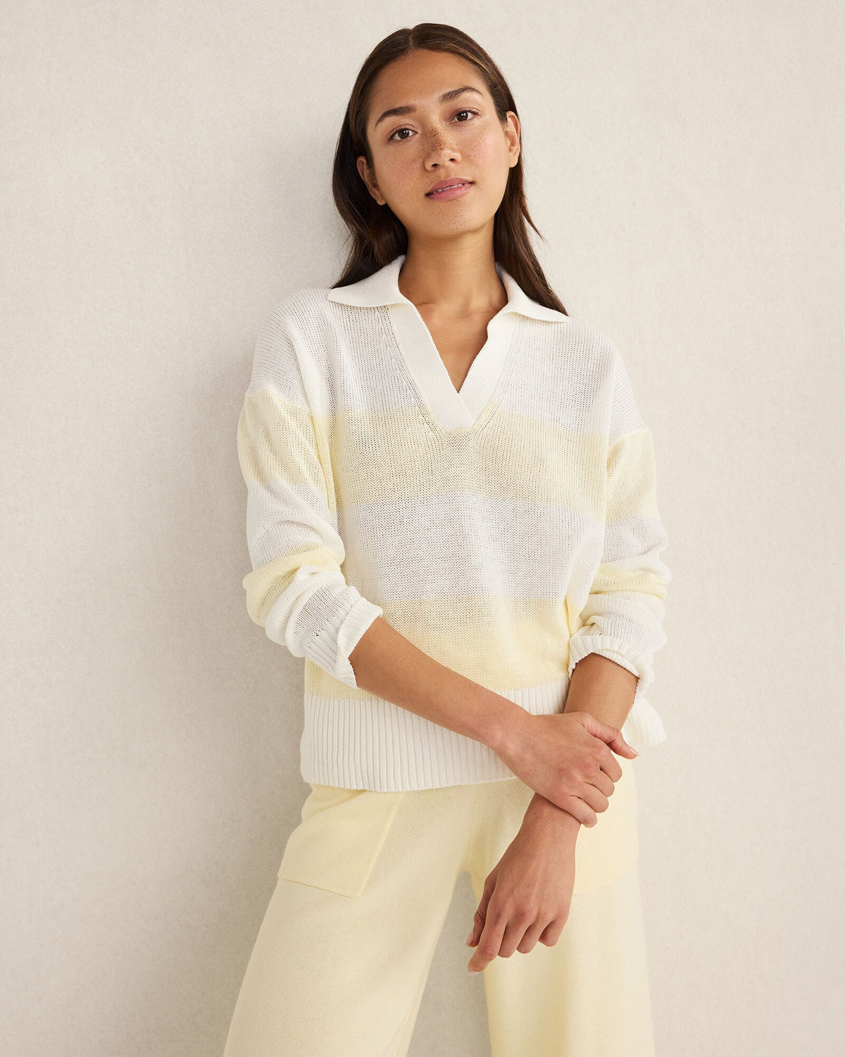 ORGANIC COTTON LINEN STRIPE JOHNNY COLLAR SWEATER | Talbots