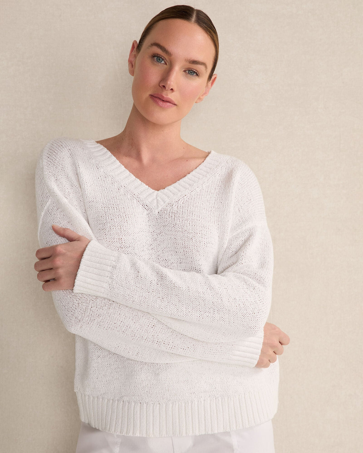 ORGANIC COTTON FLAT TAPE V-NECK SWEATER | Talbots