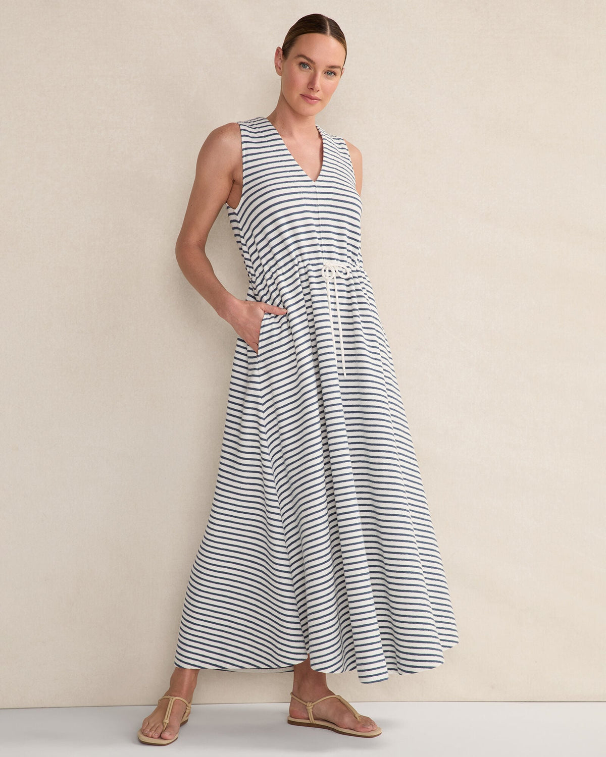 COTTON BLEND TEXTURED STRIPE MIDI DRESS | Talbots