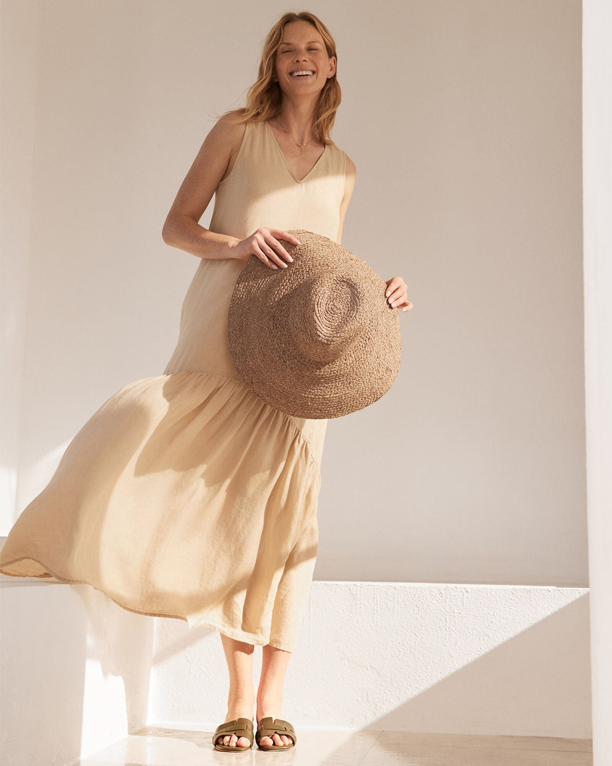 LINEN V-NECK TIERED MIDI DRESS | Talbots