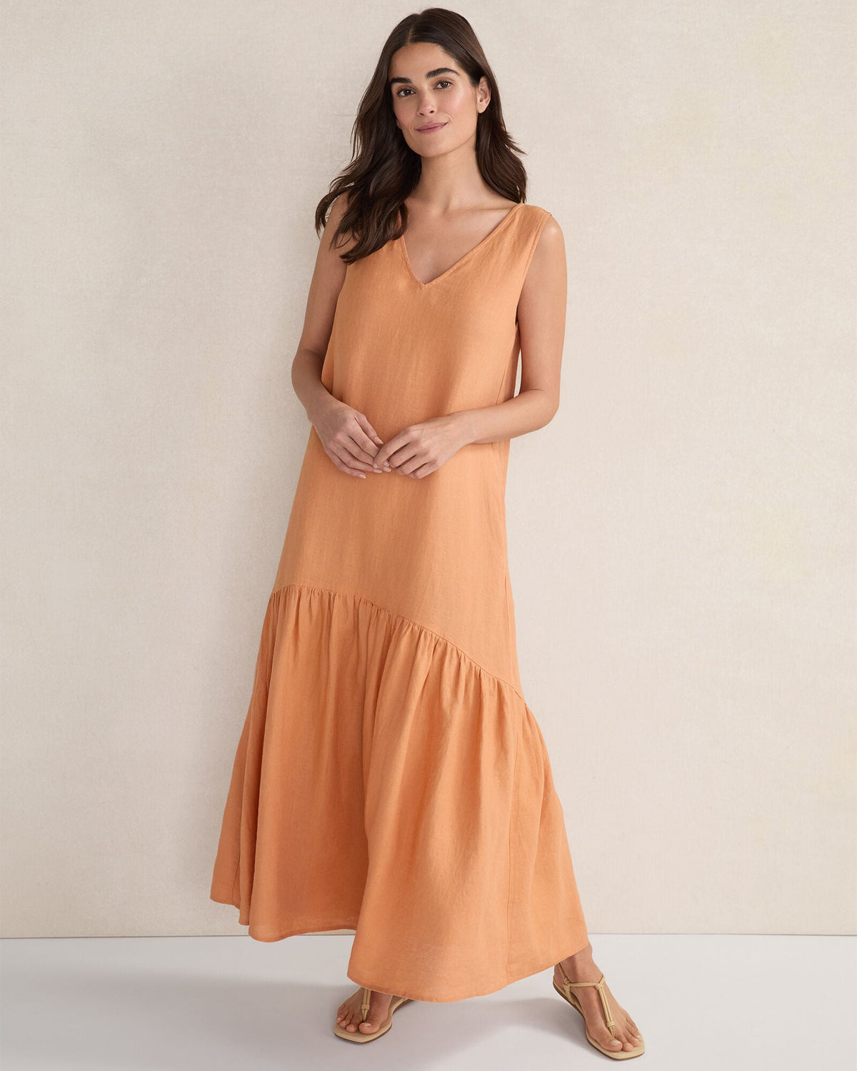LINEN V-NECK TIERED MIDI DRESS | Talbots