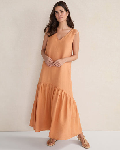 LINEN V-NECK TIERED MIDI DRESS | Talbots