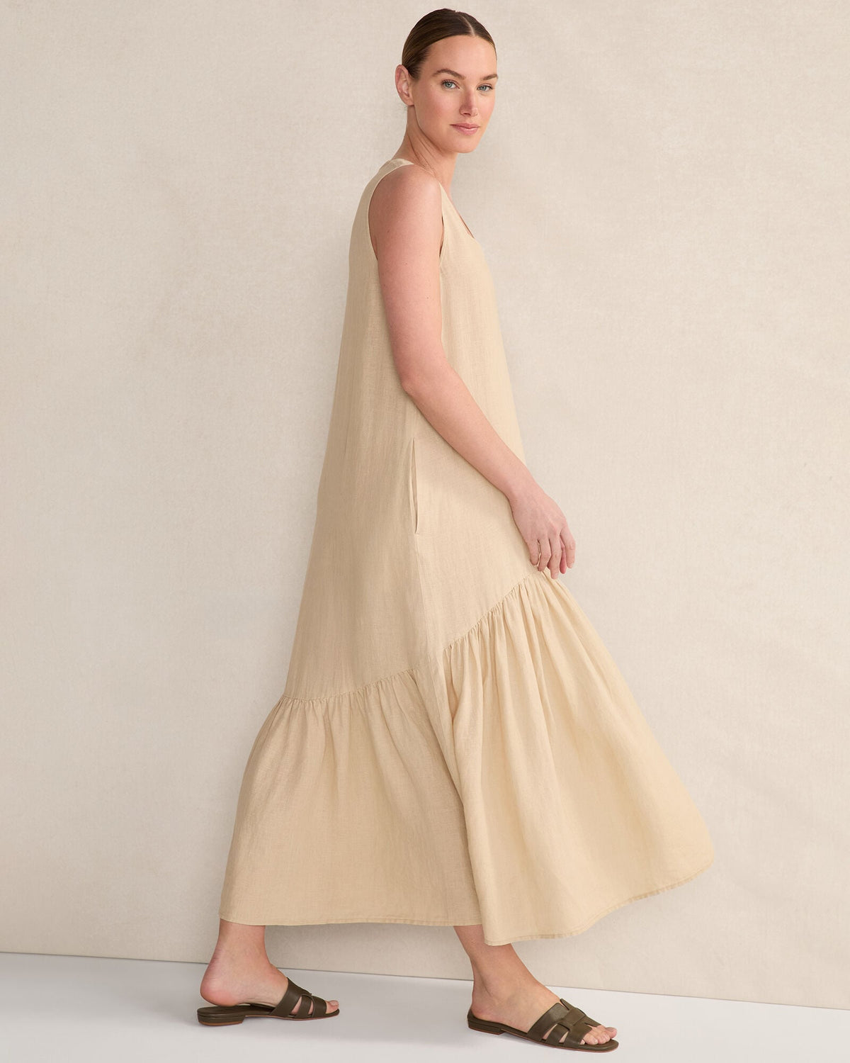 LINEN V-NECK TIERED MIDI DRESS | Talbots