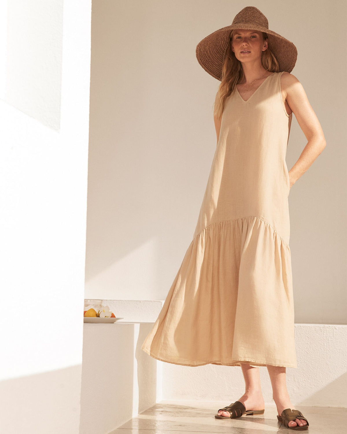 LINEN V-NECK TIERED MIDI DRESS | Talbots