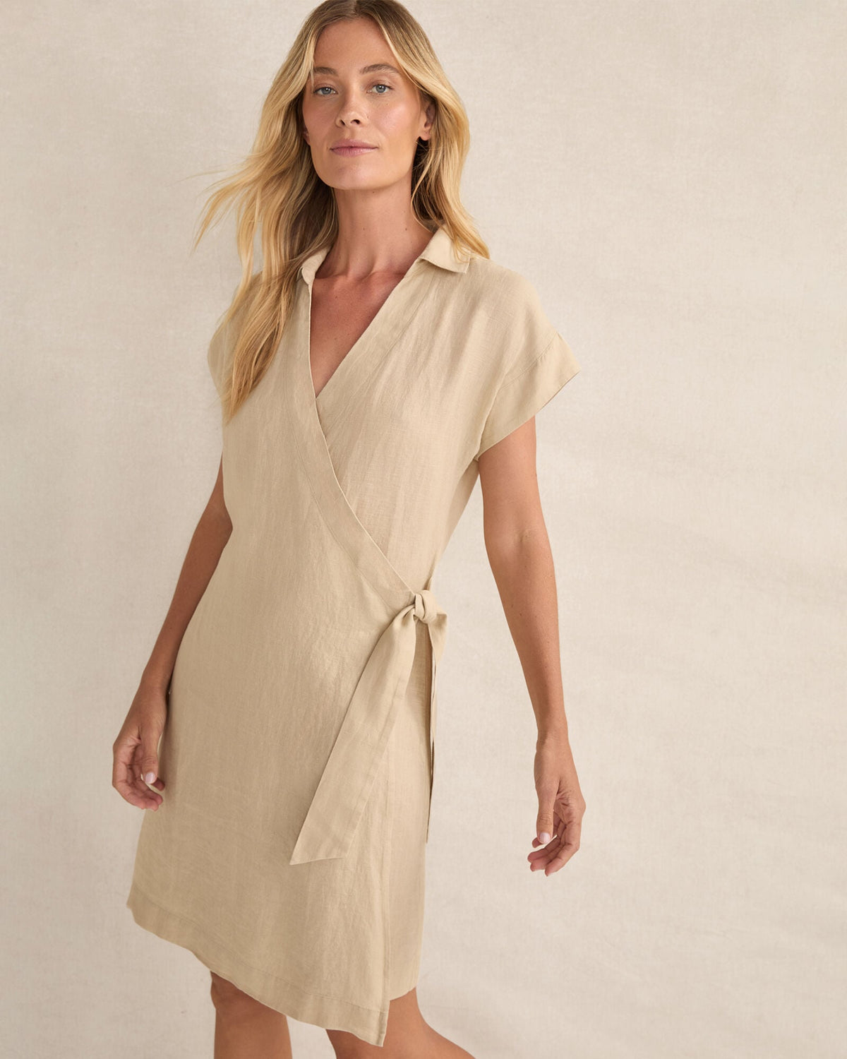 LINEN SHORT SLEEVE WRAP DRESS | Talbots
