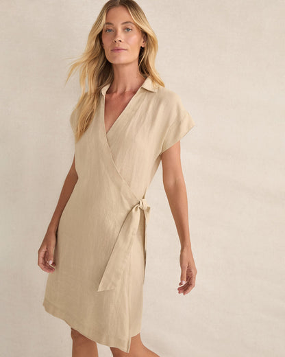 LINEN SHORT SLEEVE WRAP DRESS | Talbots