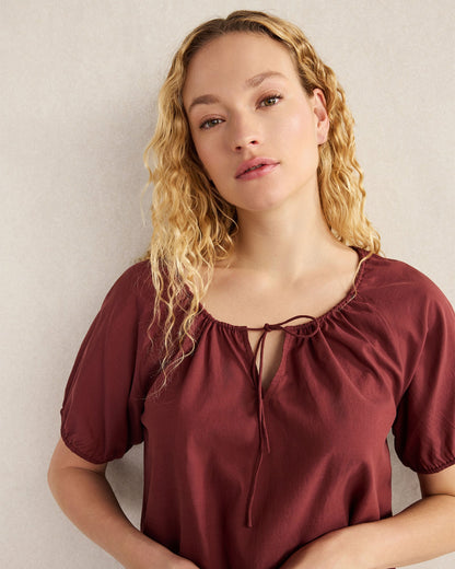 COTTON VOILE BLEND GATHERED SCOOP NECK TOP | Talbots