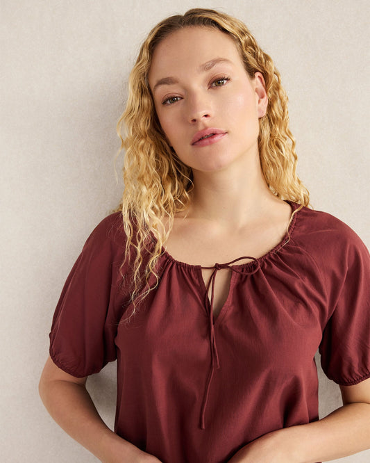 COTTON VOILE BLEND GATHERED SCOOP NECK TOP | Talbots
