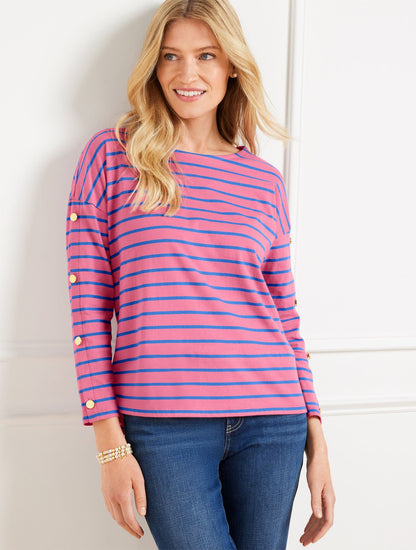 BUTTON SLEEVE CREWNECK TEE - STRIPE | Talbots