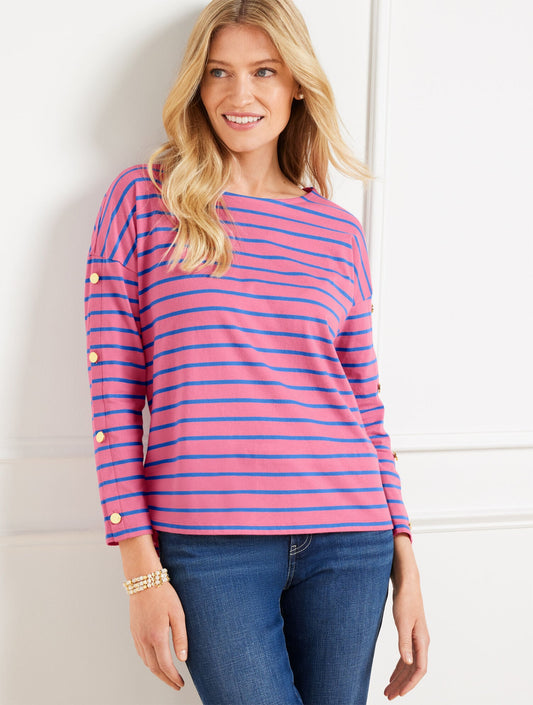 BUTTON SLEEVE CREWNECK TEE - STRIPE | Talbots