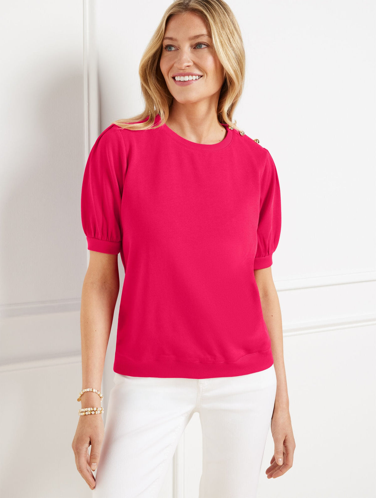 BUTTON SHOULDER CREWNECK SWEATSHIRT | Talbots