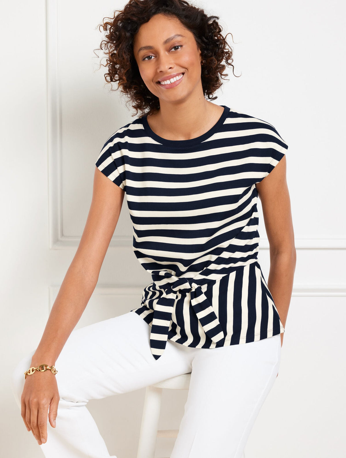 TIE FRONT CREWNECK TEE - CAMDEN STRIPE | Talbots
