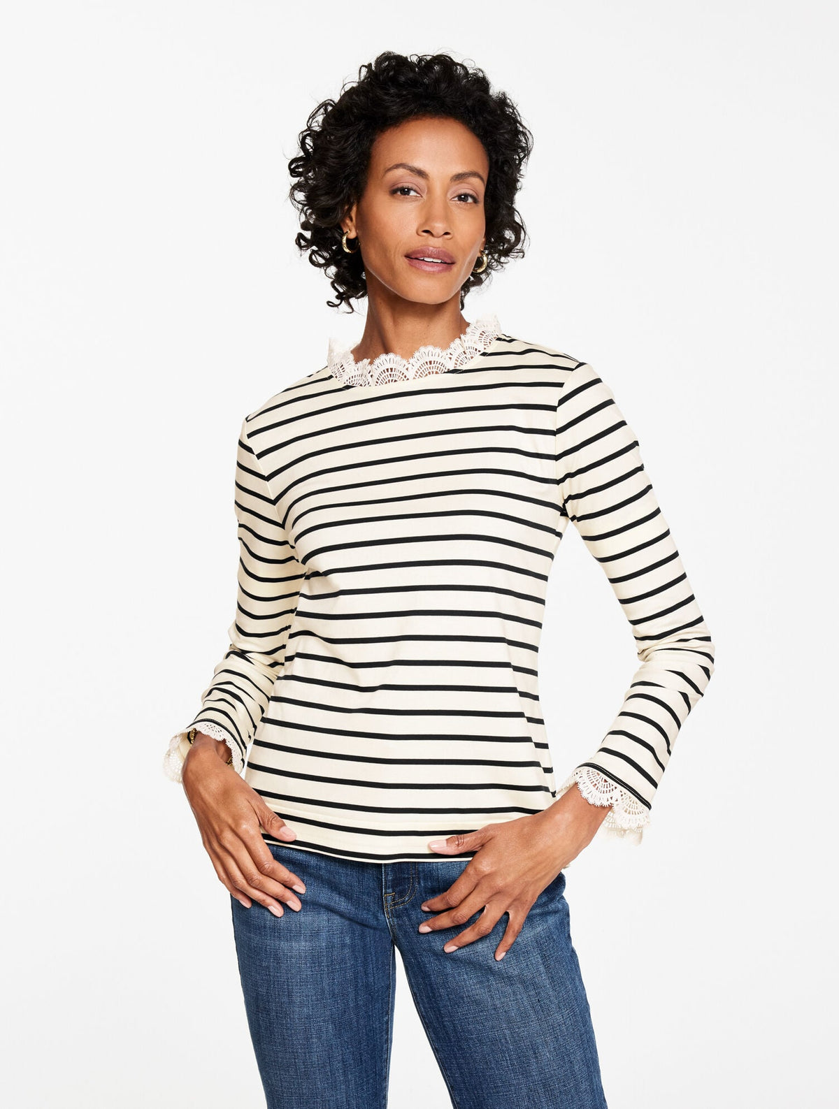 LACE TRIM CREWNECK TEE - SAYBROOK STRIPE | Talbots