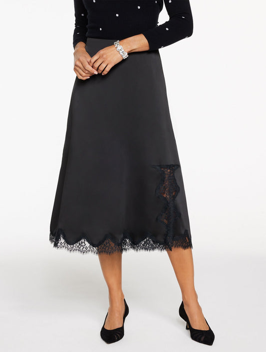 LACE TRIM SATIN MIDI SKIRT | Talbots