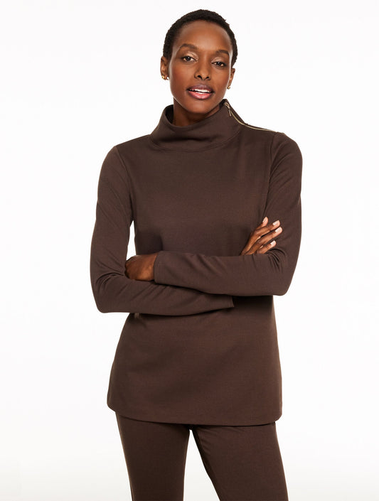 PASSPORT PONTE ZIP SHOULDER TUNIC PULLOVER | Talbots