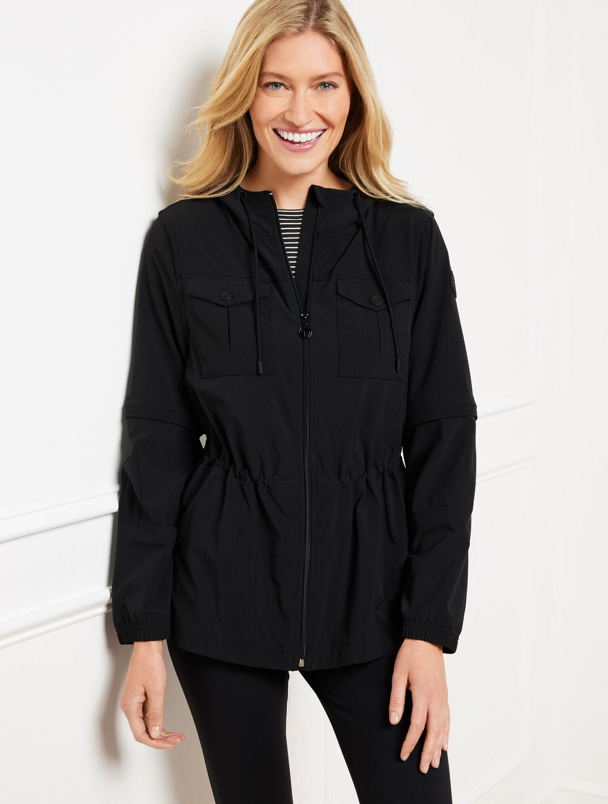 LIGHTWEIGHT WOVEN STRETCH HOODED CONVERTIBLE JACKET | Talbots