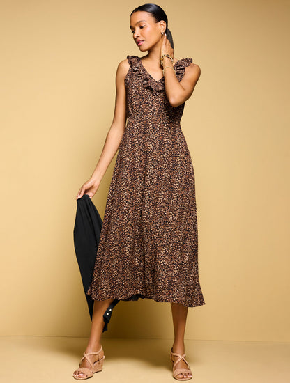 FIT & FLARE RUFFLE MIDI DRESS - DELICATE LEOPARD | Talbots