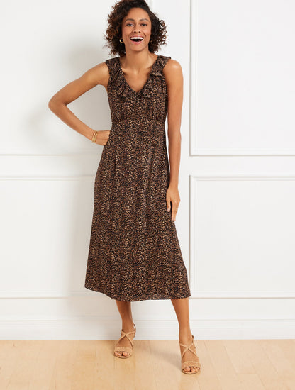 FIT & FLARE RUFFLE MIDI DRESS - DELICATE LEOPARD | Talbots