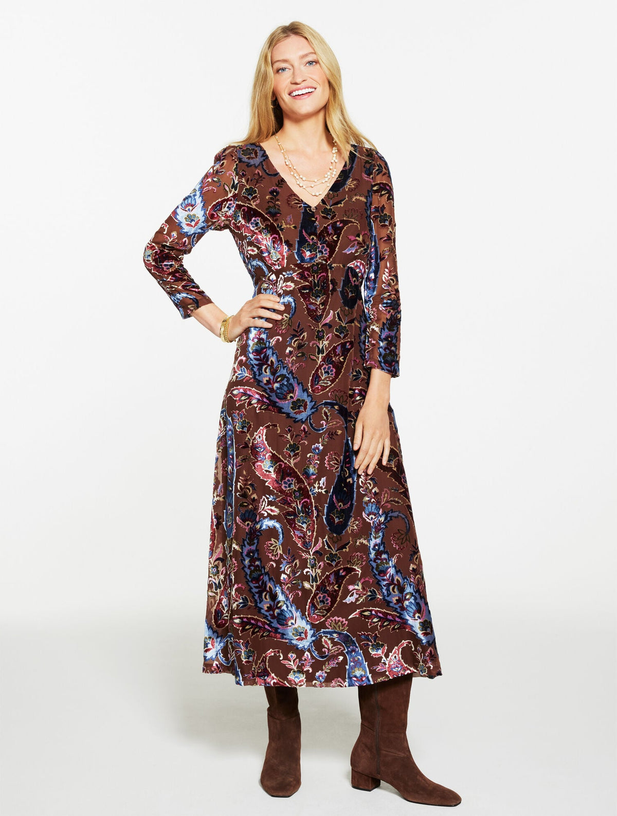 BURNOUT VELVET FIT & FLARE DRESS - FLORAL PAISLEY | Talbots