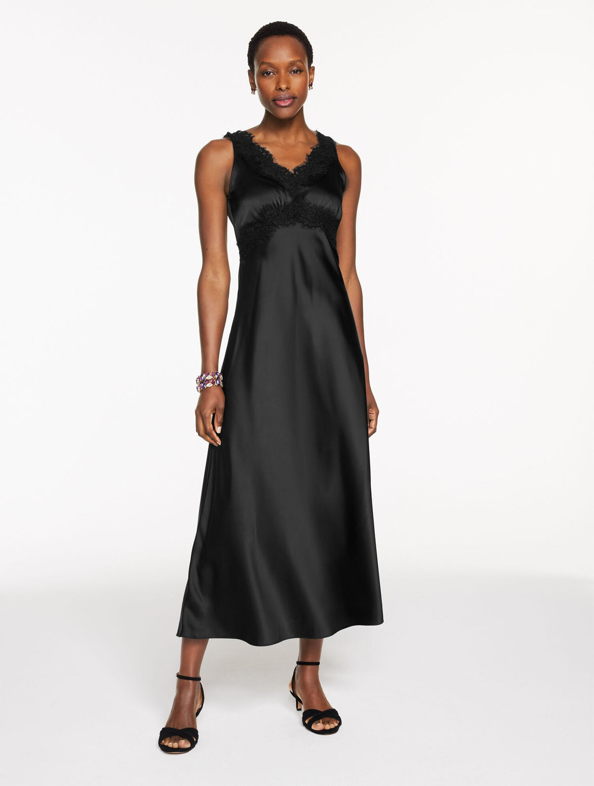 LACE TRIM SATIN MIDI DRESS | Talbots