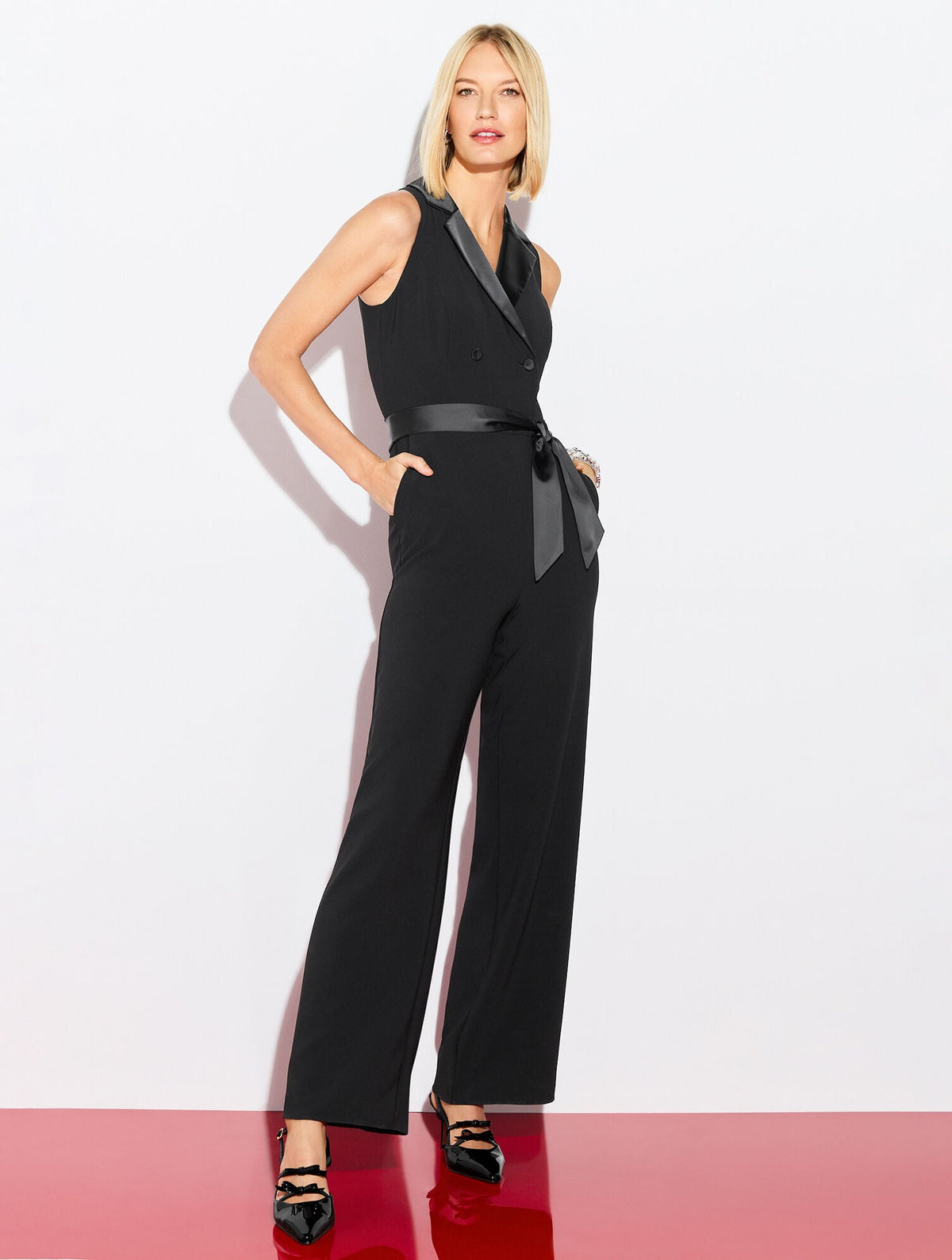 POLISHED CREPE TUXEDO WIDE LEG JUMPSUIT | Talbots