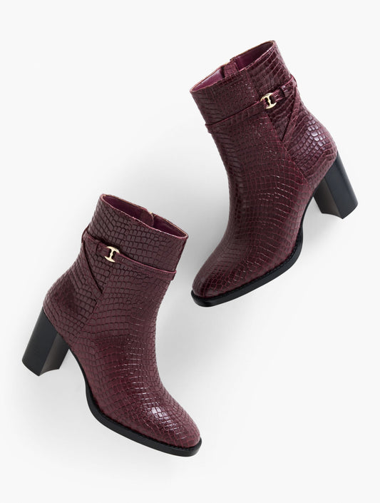 CLAUDETTE CROC EMBOSSED BLOCK HEEL ANKLE BOOTS | Talbots